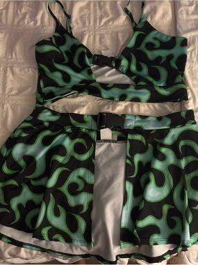 iHeartRaves Black & Green Flame Crop Top and Skirt Set